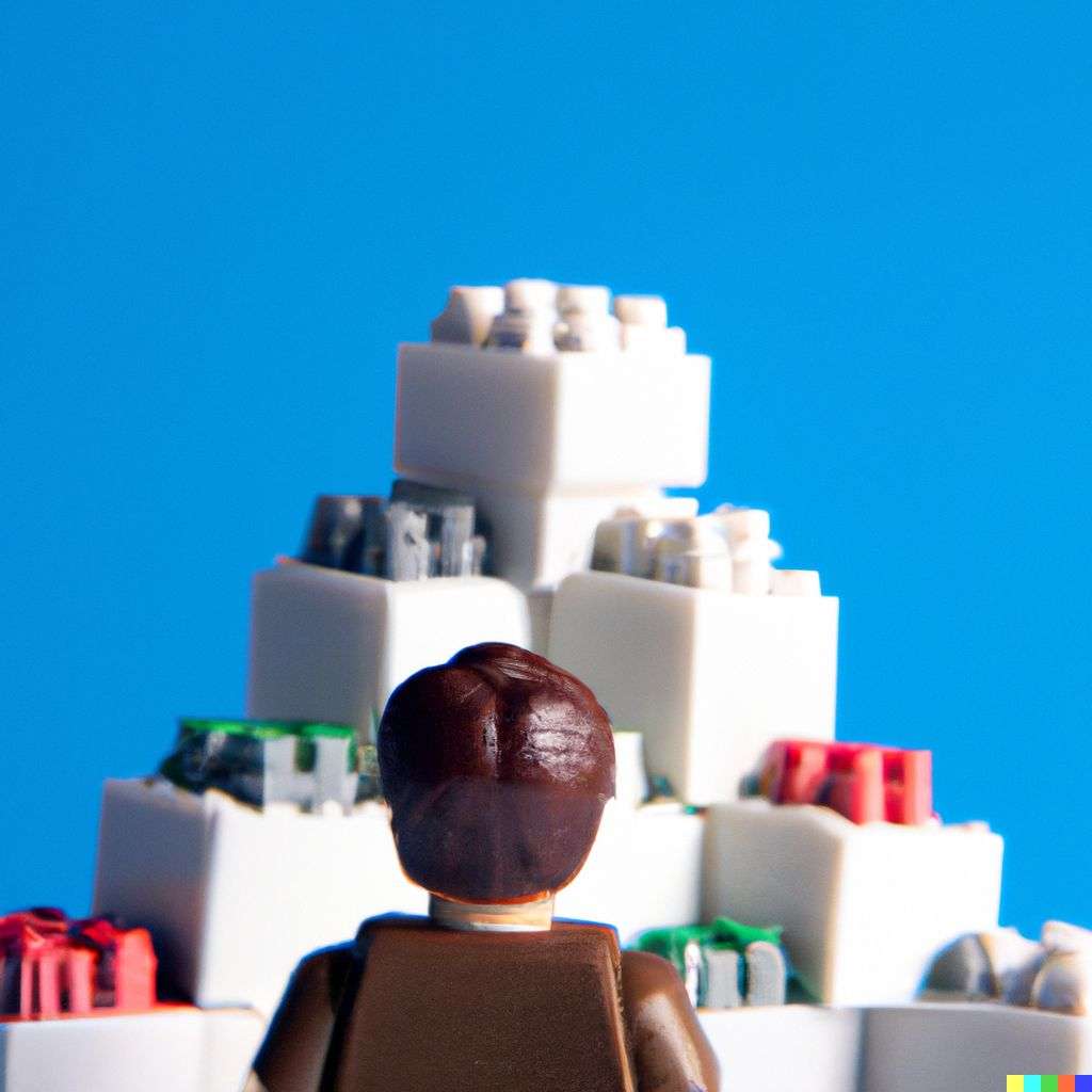 someone gazing at Mount Everest, made from LEGO bricks